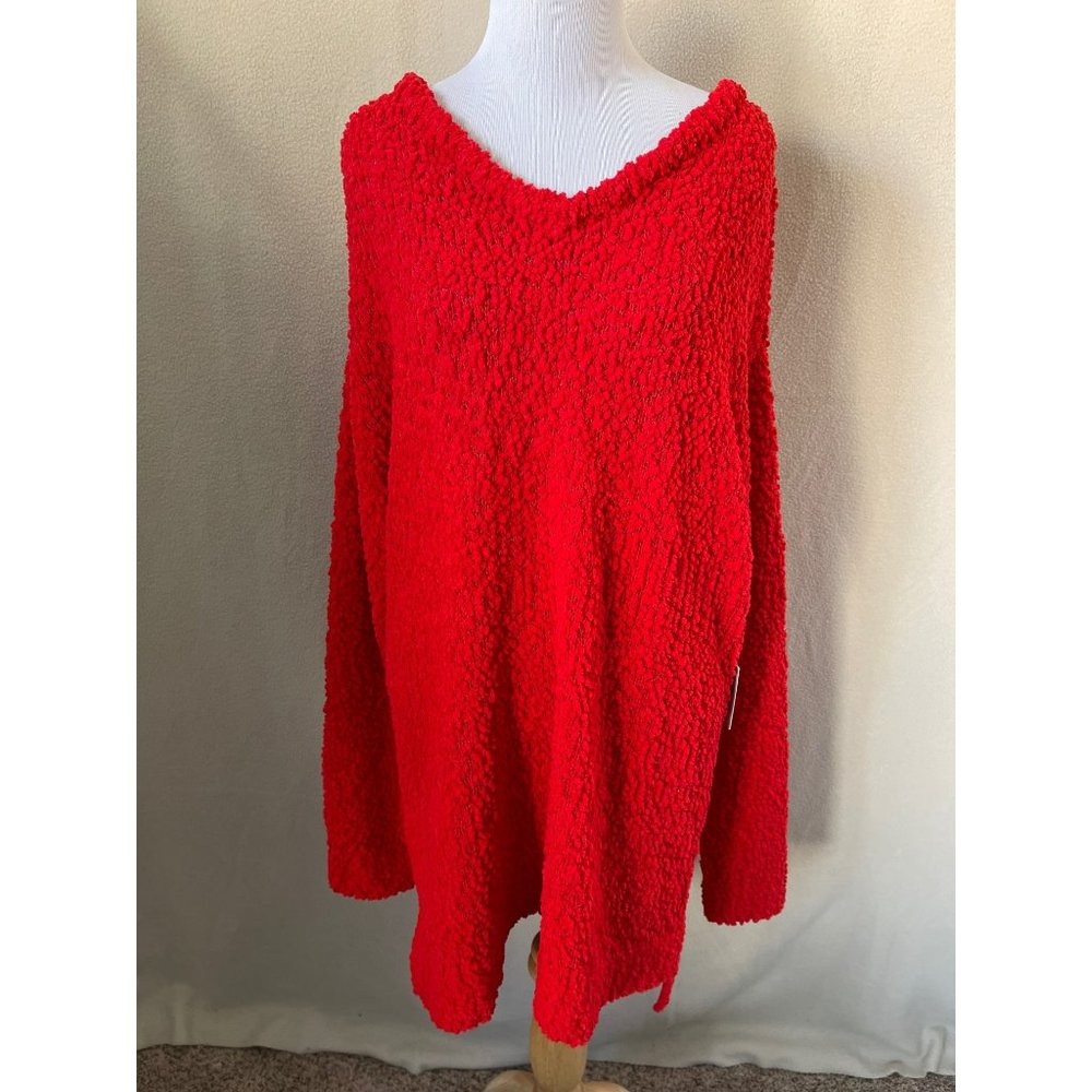 Cafe Marrakesh Red Soft Stretch Loose Knit V-Neck Sweater - 2X